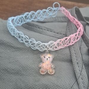 Light Blue and Pink Teddy Bear Kids Stretch Cord  Necklace